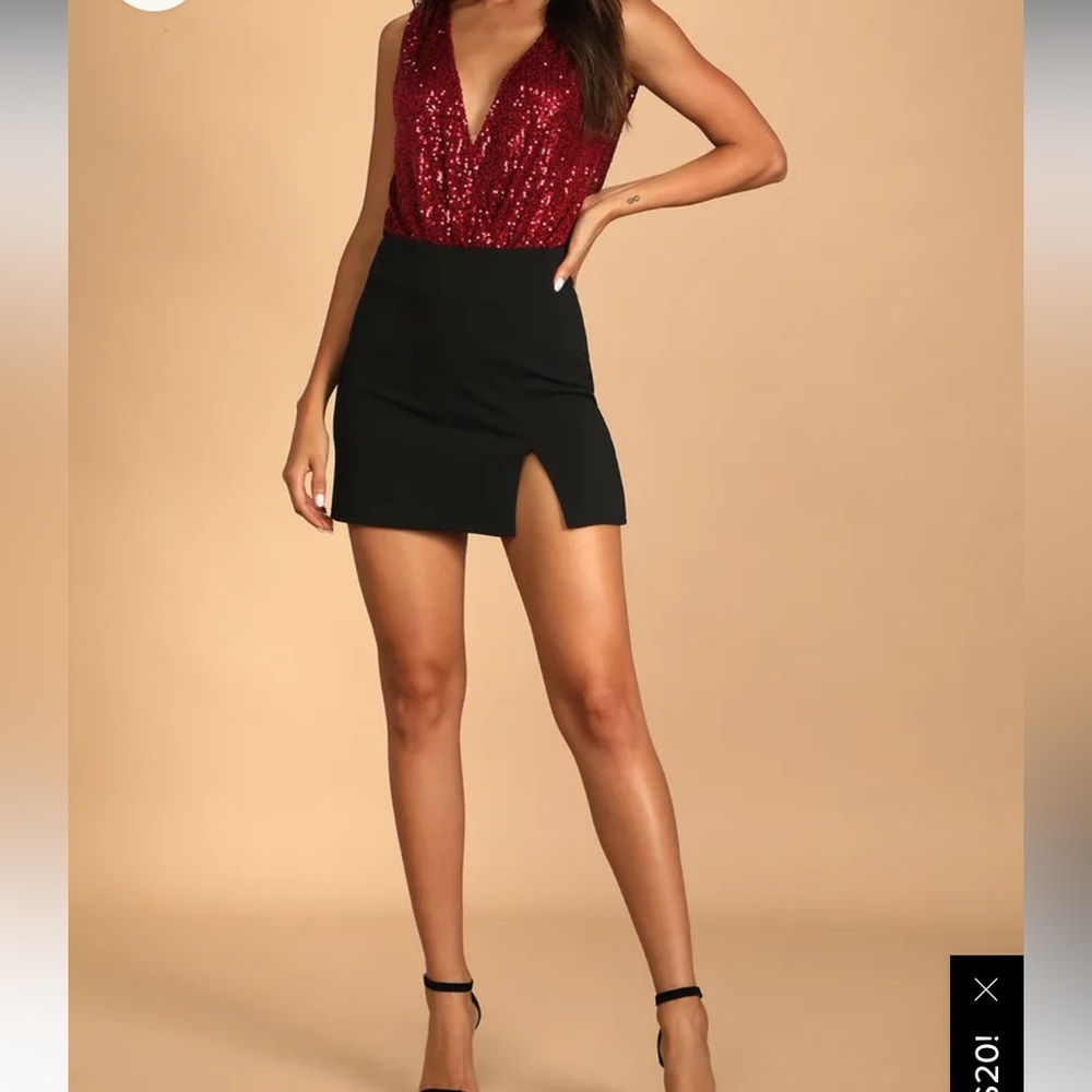Lulu’s Evening of Wonder Burgundy Red Sequin Cowl Open Back Bodysuit